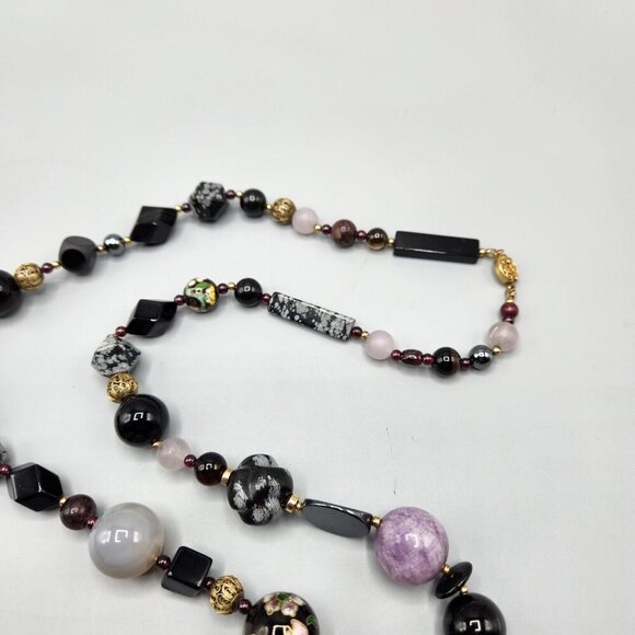 Stone Bead Necklace Rose Quartz Snowflake Obsidian Cloisonne Gradient 30" - Picture 4 of 13